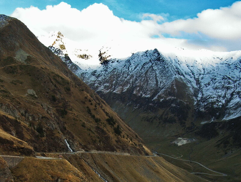 Snow-capped mountains and winding road