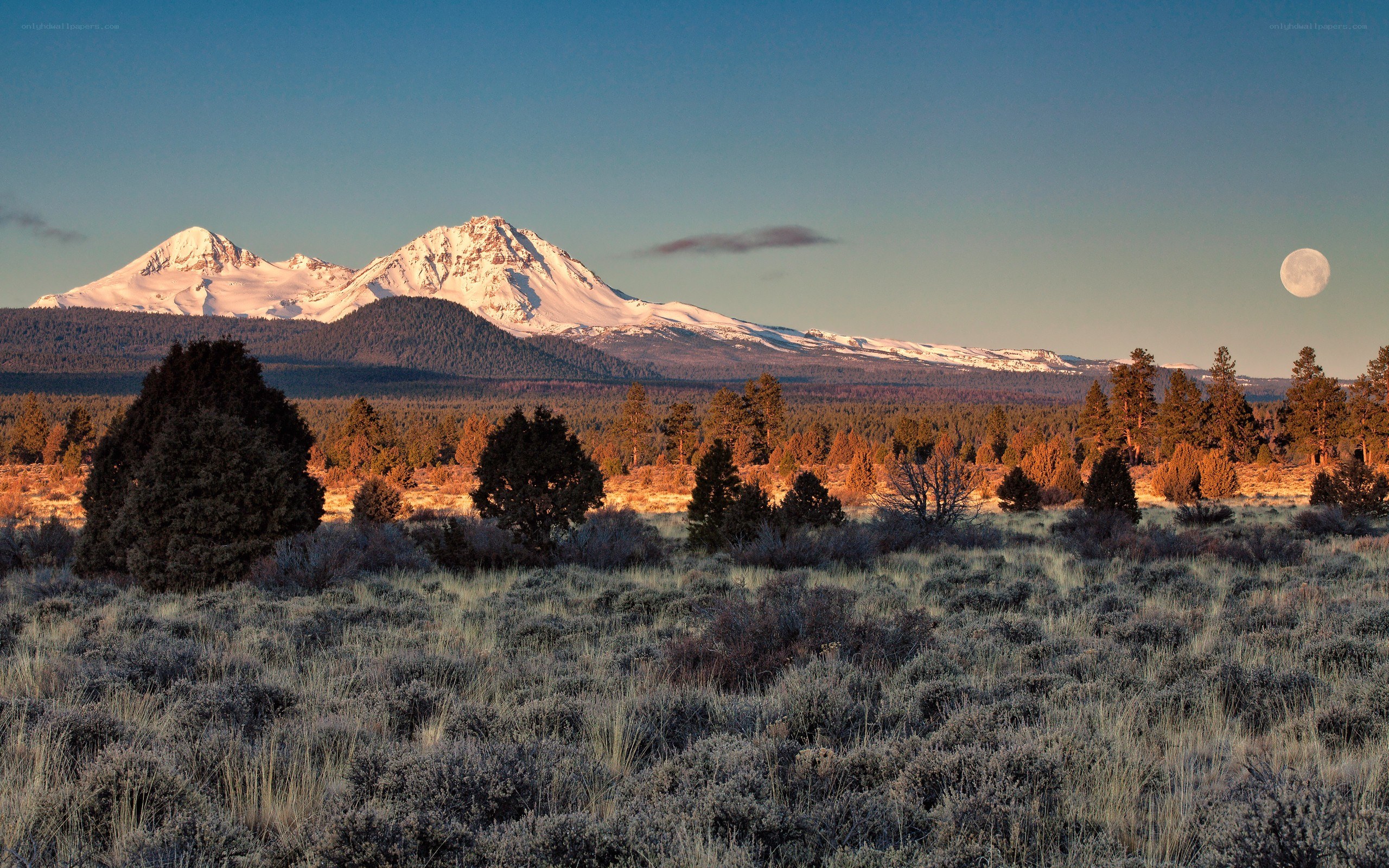 Snow-capped mountains at dusk