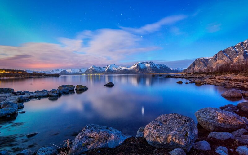 Snow-capped Mountains at Dusk — Blue, Serene, Night