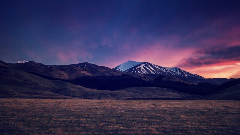 Snow-capped Mountains at Dusk — Purple, Dramatic, Sunset, Photograph