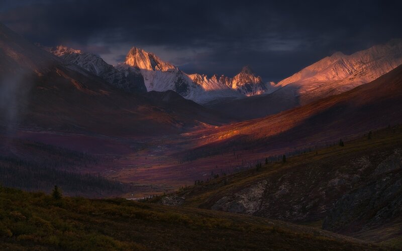 Snow-capped Mountains at Dusk — Purple, Dramatic, Sunset, Photograph, Valley