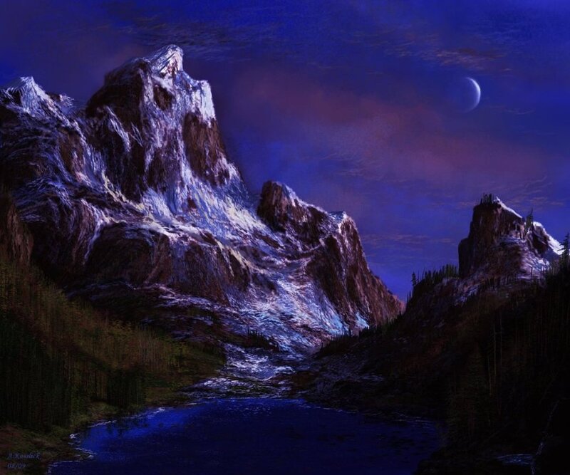Snow-capped Mountains at Night — Blue, Dramatic