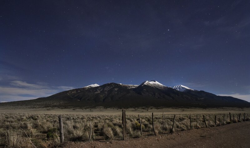 Snow-capped Mountains at Night — Blue, Serene, Photograph, Fence