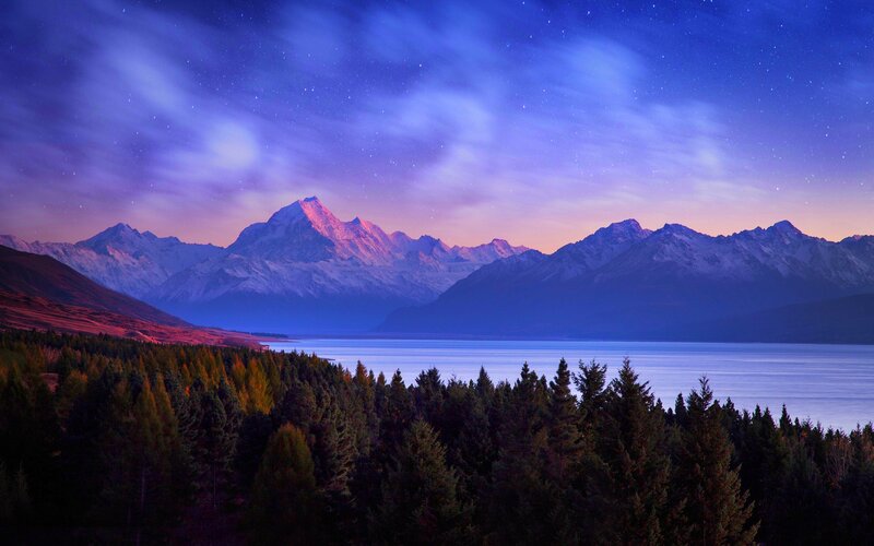 Snow-capped Mountains at Night — Blue, Serene, Photograph, Lake, Forest
