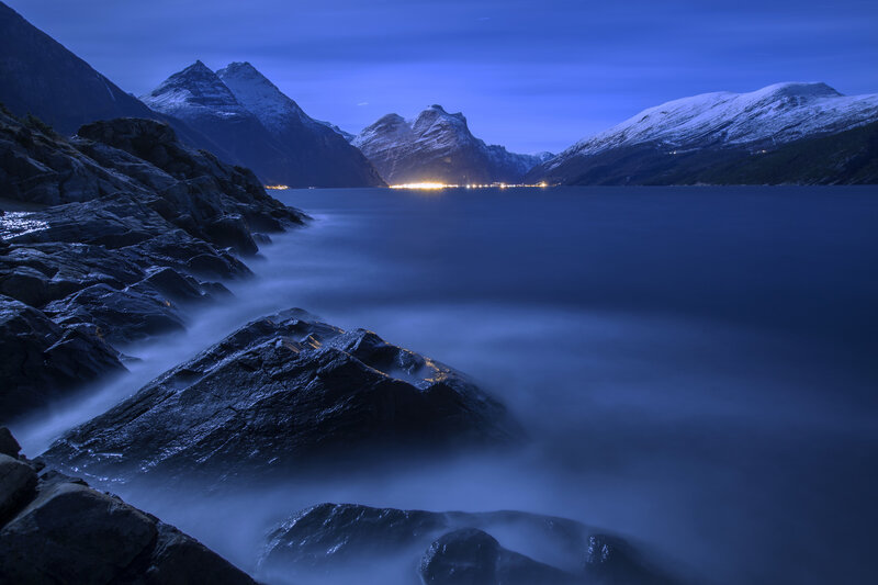 Snow-capped Mountains at Night — Blue, Serene, Photograph, Lake, Rocks