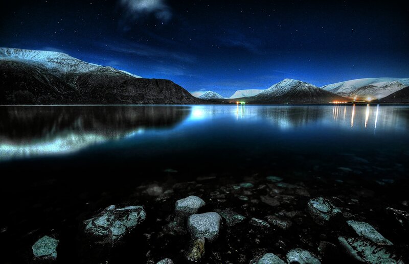 Snow-capped Mountains at Night — Blue, Serene, Photograph, Lake