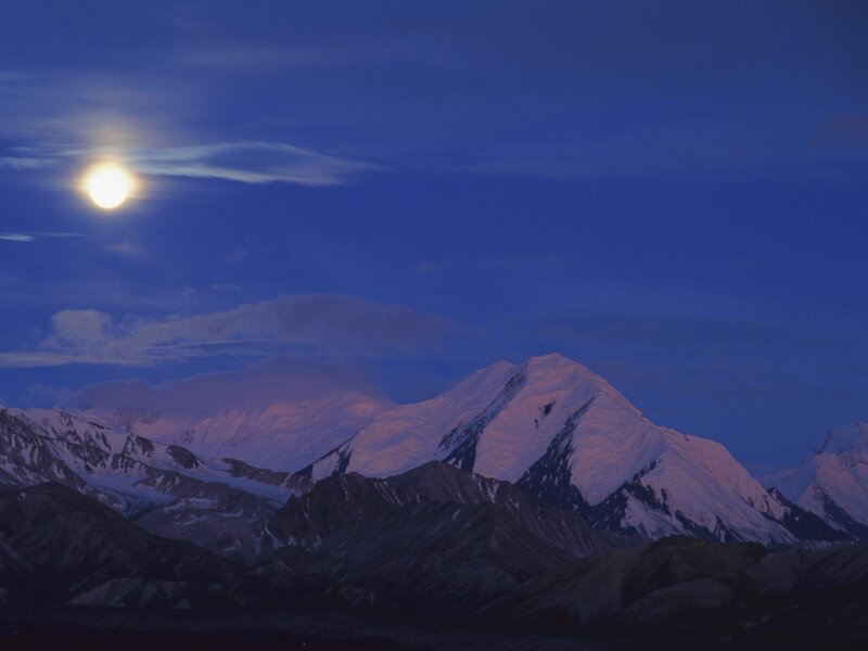 Snow-capped Mountains at Night — Blue, Serene, Photograph, Moon, Clouds