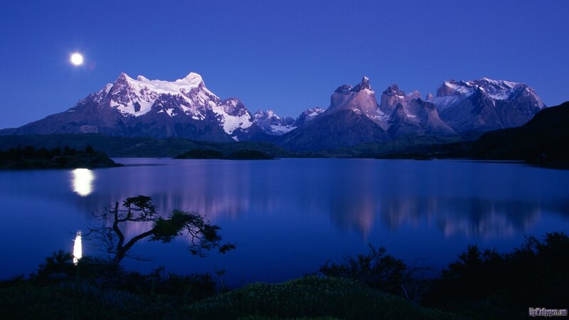 Snow-capped Mountains at Night — Blue, Serene, Photograph, Moon, Lake