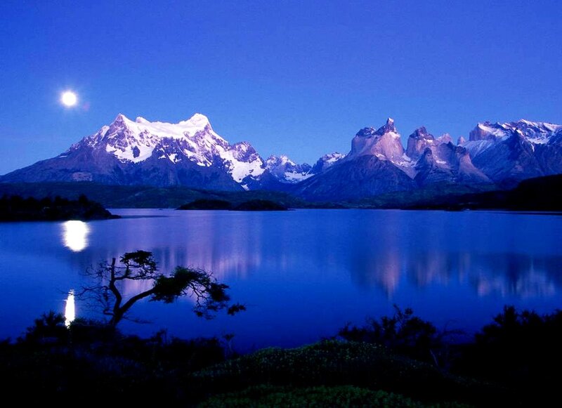 Snow-capped Mountains at Night — Blue, Serene, Photograph, Moon, Lake, Tree