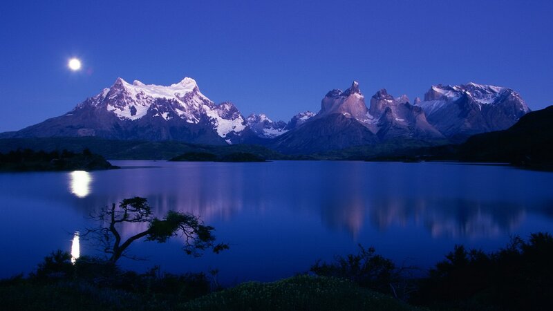 Snow-capped Mountains at Night — Blue, Serene, Photograph, Moon, Lake, Tree, White, Black