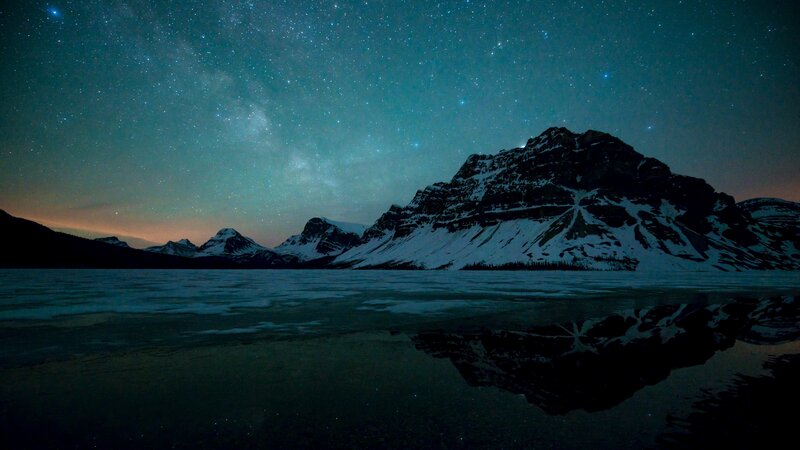 Snow-capped Mountains at Night — Blue, Serene, Photograph, Stars, Lake