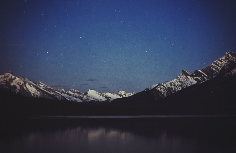 Snow-capped Mountains at Night — Blue, Serene, Photograph, Stars