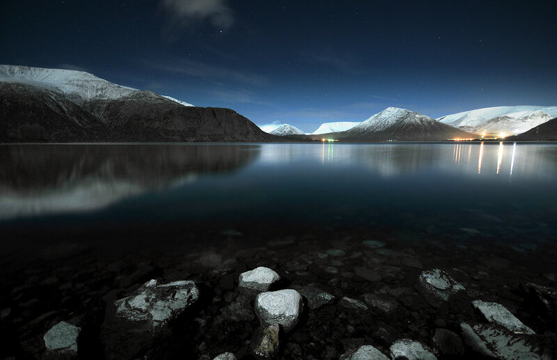 Snow-capped Mountains at Night — Blue, Serene, Photograph