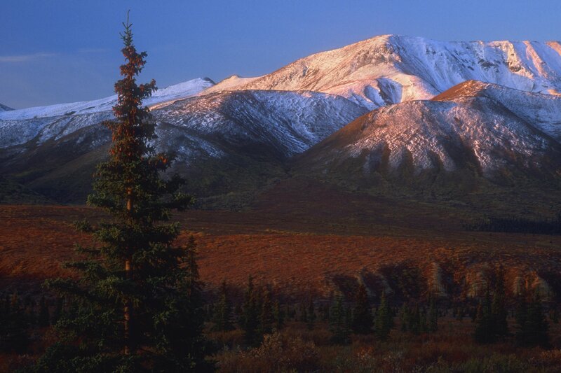 Snow-capped mountains at sunrise