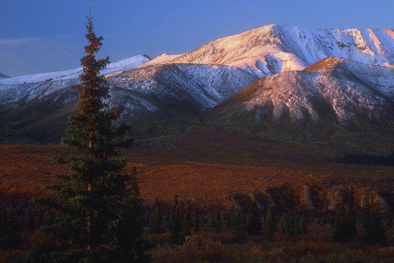 Snow-capped mountains at sunrise