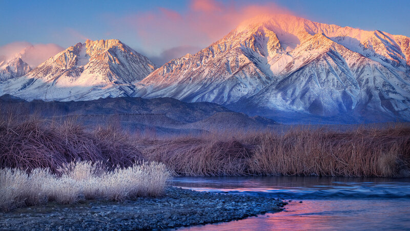Snow-capped Mountains at Sunrise — Blue, Serene, Photograph, River, Reeds