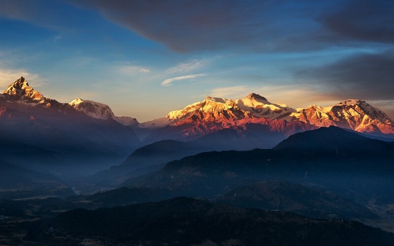 Snow-capped Mountains at Sunrise — Blue, Serene, Photograph, Sky