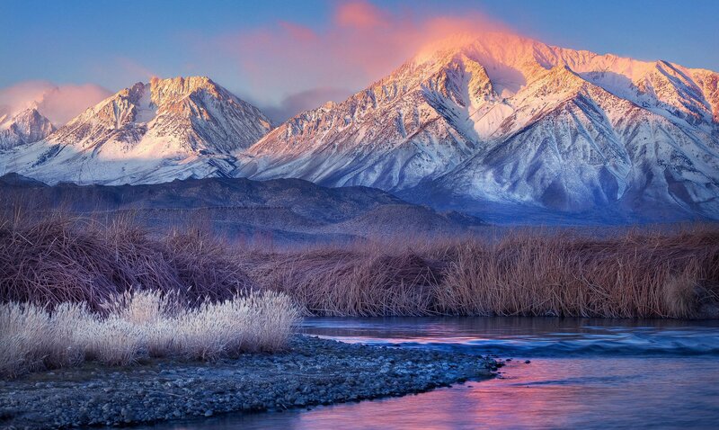 Snow-capped Mountains at Sunrise — Blue, Serene