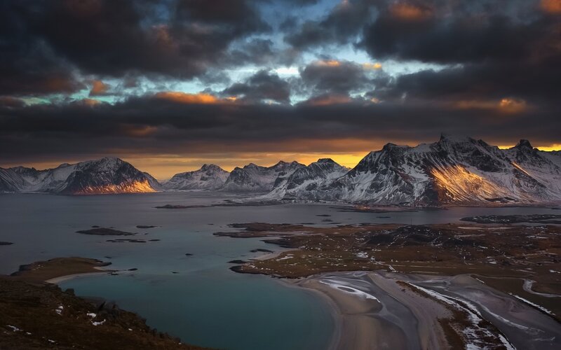 Snow-capped Mountains at Sunset — Blue, Dramatic, Photograph