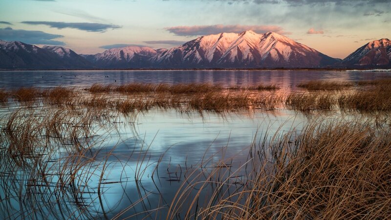 Snow-capped Mountains at Sunset — Blue, Serene, Photograph, Lake, Reeds