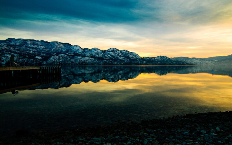 Snow-capped Mountains at Sunset — Blue, Serene, Photograph, Lake