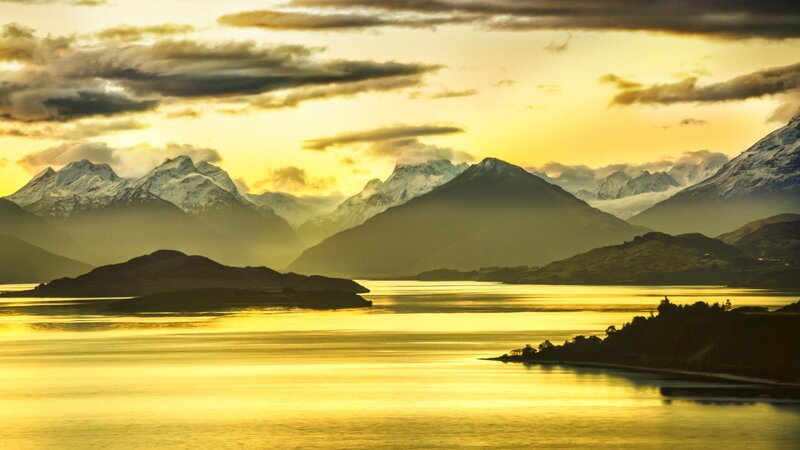 Snow-capped Mountains at Sunset — Gold