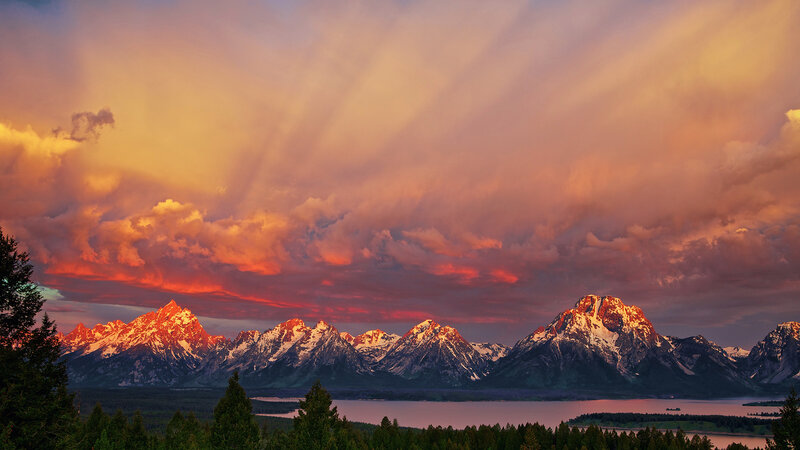 Snow-capped Mountains at Sunset — Orange, Dramatic, Photograph, Clouds, Lake