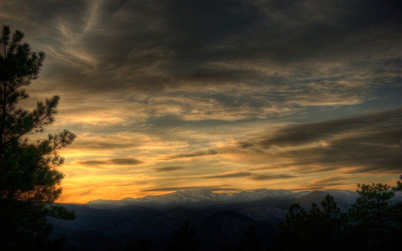 Snow-capped Mountains at Sunset — Orange, Dramatic, Photograph, Clouds, Trees
