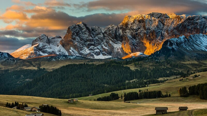 Snow-capped Mountains at Sunset — Orange, Dramatic, Photograph, Forests, Huts