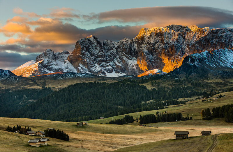 Snow-capped Mountains at Sunset — Orange, Dramatic, Photograph, Forests