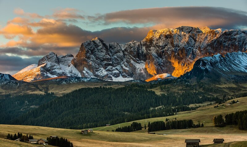 Snow-capped Mountains at Sunset — Orange, Dramatic, Photograph, Forests, Valley