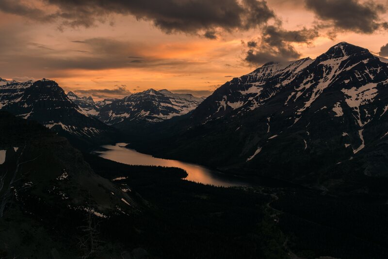 Snow-capped Mountains at Sunset — Orange, Dramatic, Photograph, Lake, Clouds