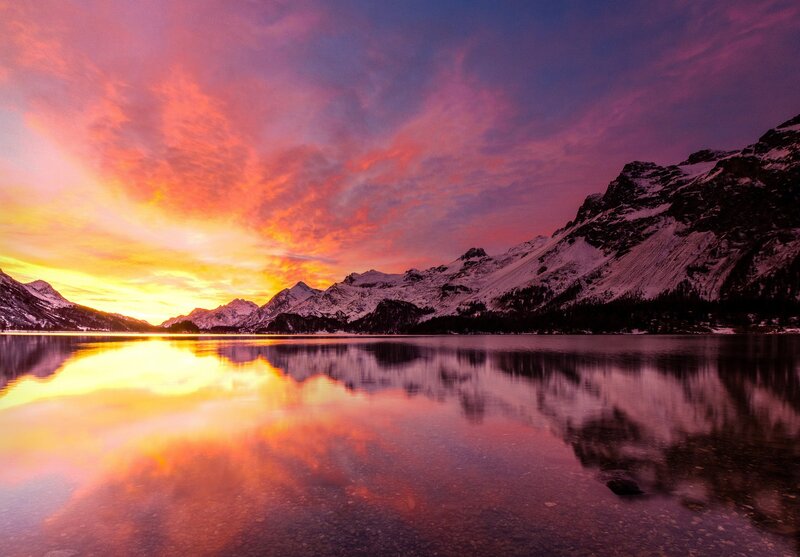 Snow-capped Mountains at Sunset — Orange, Dramatic, Photograph, Lake, Sky