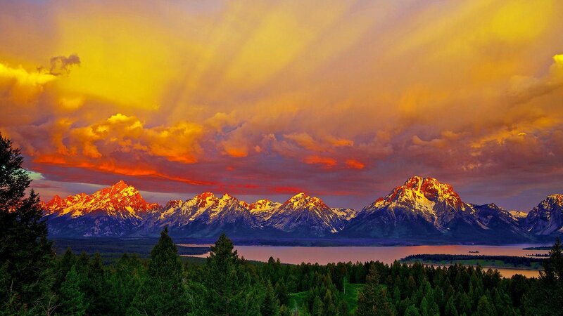 Snow-capped Mountains at Sunset — Orange, Dramatic, Photograph, Lake
