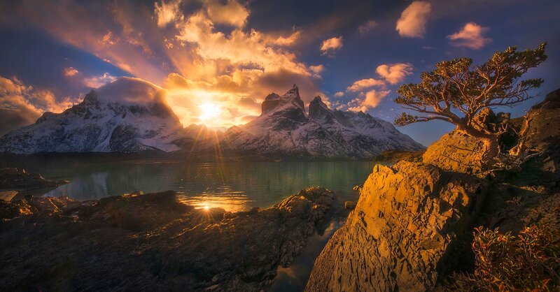 Snow-capped Mountains at Sunset — Orange, Dramatic, Photograph, Lake, Tree