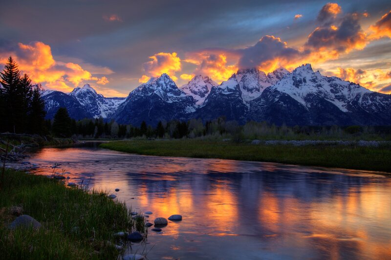 Snow-capped Mountains at Sunset — Orange, Dramatic, Photograph, River