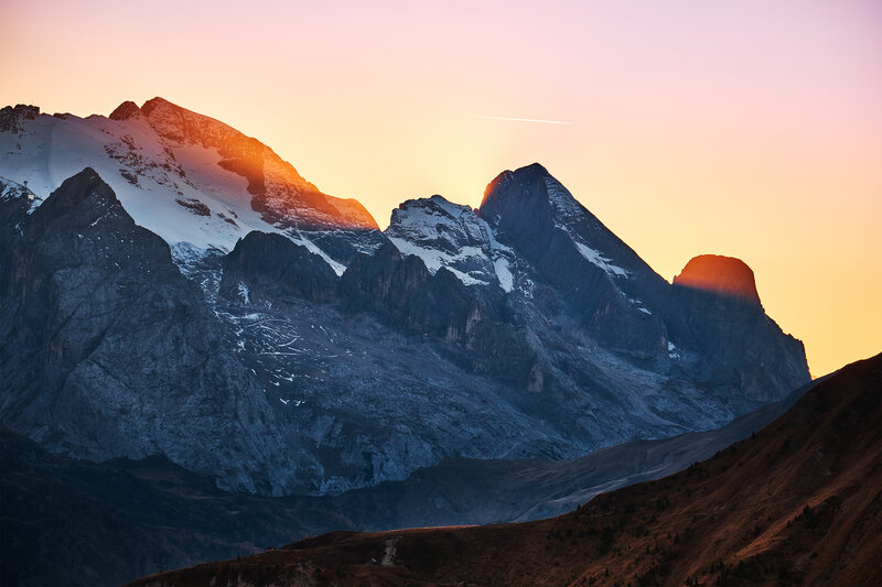 Snow-capped Mountains at Sunset — Orange, Dramatic, Photograph, Sky, Sunlight