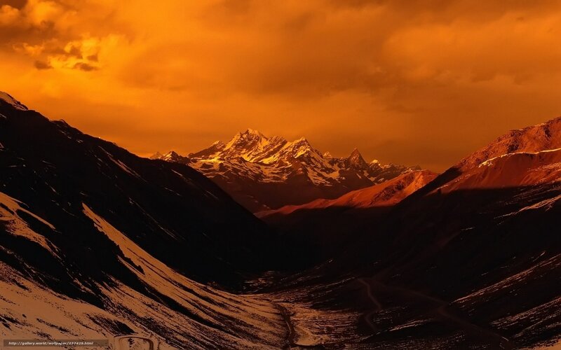 Snow-capped Mountains at Sunset — Orange, Dramatic, Photograph, Valley, Sky, Road