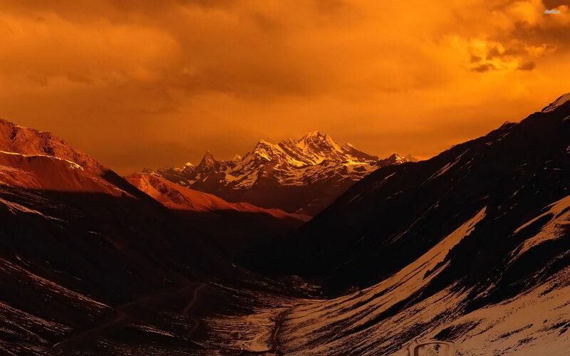 Snow-capped Mountains at Sunset — Orange, Dramatic, Photograph, Valley, Sky