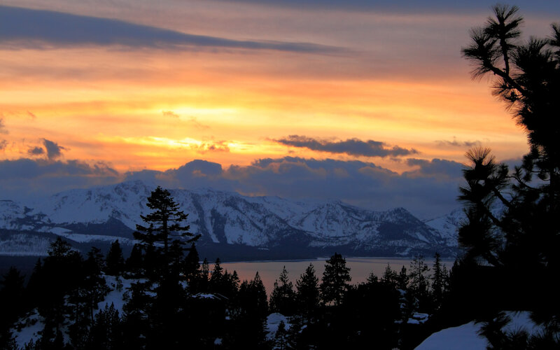 Snow-capped Mountains at Sunset — Orange, Serene, Photograph