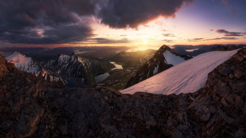 Snow-capped Mountains at Sunset — Purple, Dramatic, Photograph