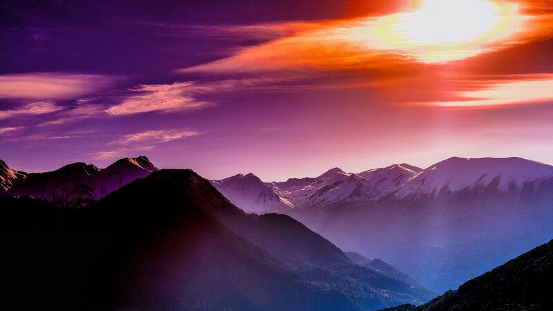 Snow-capped Mountains at Sunset — Purple, Dramatic