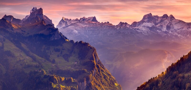 Snow-capped Mountains at Sunset — Purple, Serene, Photograph