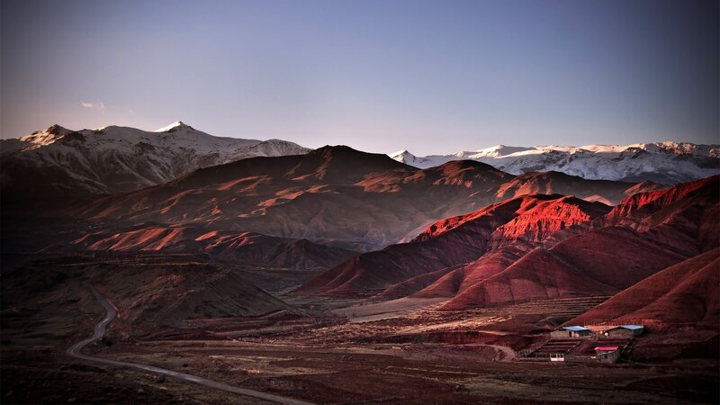 Snow-capped Mountains at Sunset — Red, Dramatic, Photograph