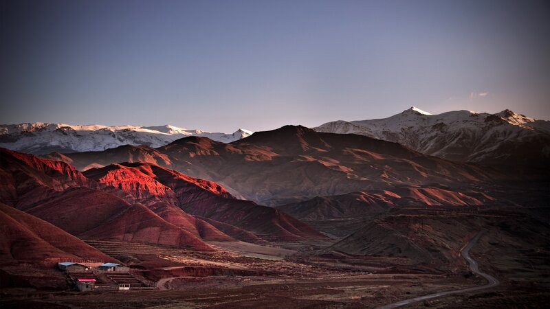 Snow-capped Mountains at Sunset — Red, Dramatic, Photograph, Valley