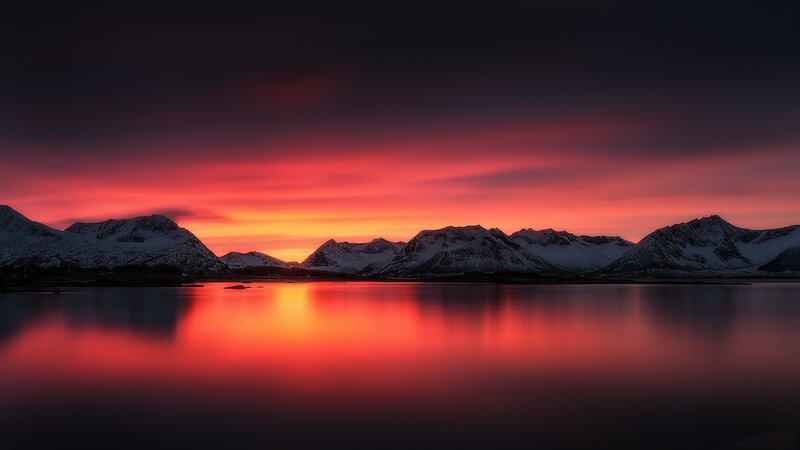 Snow-capped Mountains at Sunset — Red, Dramatic