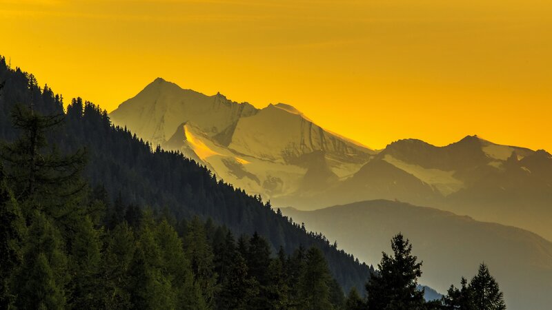Snow-capped Mountains at Sunset — Yellow, Serene