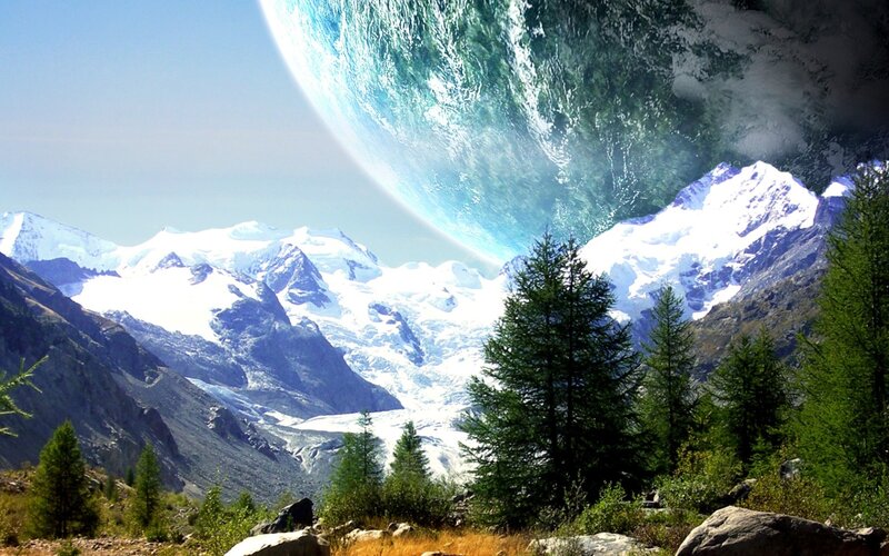Snow-capped Mountains — Blue, Dramatic, Afternoon, Digital Art, Trees