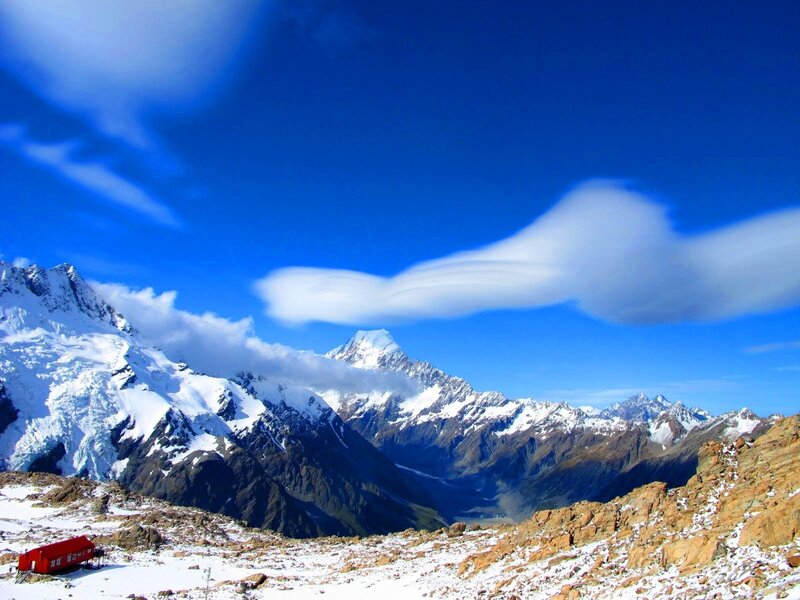 Snow-capped Mountains — Blue, Dramatic, Afternoon, Photograph, Clouds, Red Building