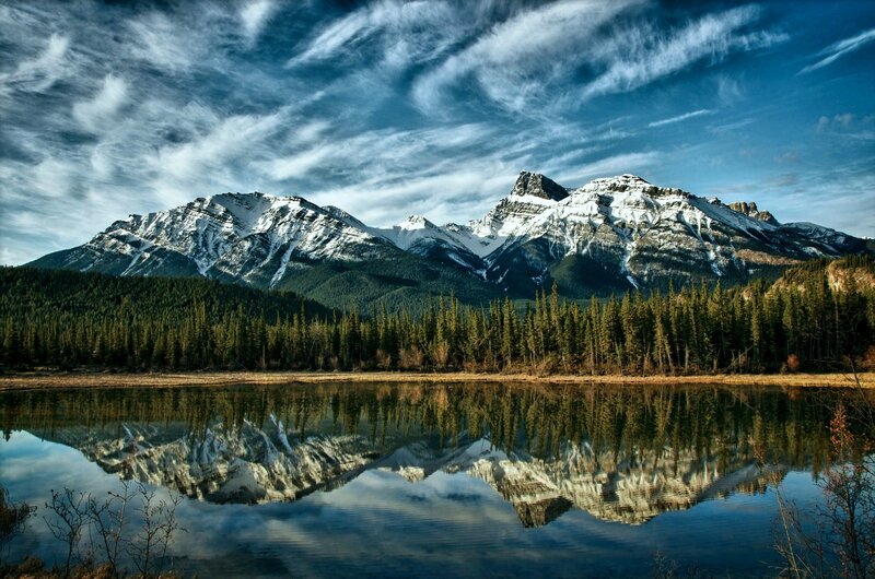 Snow-capped Mountains — Blue, Dramatic, Afternoon, Photograph, Forest, Lake, Clouds